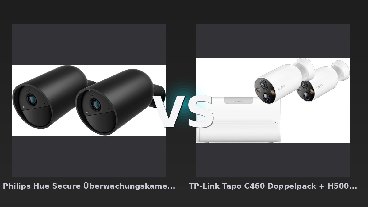 Vergleich: Philips Hue Secure Überwachungskamera mit Akku Schwarz Doppelpack vs TP-Link Tapo C460 Doppelpack + H500 Smart HomeBase - Philips Hue Secure vs TP-Link Tapo C460: Akku-Überwachungskameras im Doppelpack-Vergleich