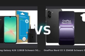 Vergleich: Samsung Galaxy A26 128GB Schwarz 5G + Basis-Zubehörset vs OnePlus Nord CE 5 256GB Schwarz 5G + BlueBuilt Backcover Schwarz - Samsung Galaxy A26 vs. OnePlus Nord CE 5: Mittelklasse-Duell mit klarem Preis-Leistungs-Sieger