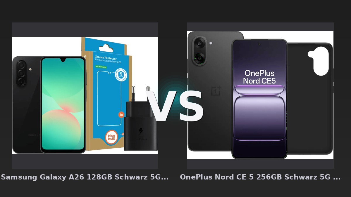Vergleich: Samsung Galaxy A26 128GB Schwarz 5G + Basis-Zubehörset vs OnePlus Nord CE 5 256GB Schwarz 5G + BlueBuilt Backcover Schwarz - Samsung Galaxy A26 vs. OnePlus Nord CE 5: Mittelklasse-Duell mit klarem Preis-Leistungs-Sieger