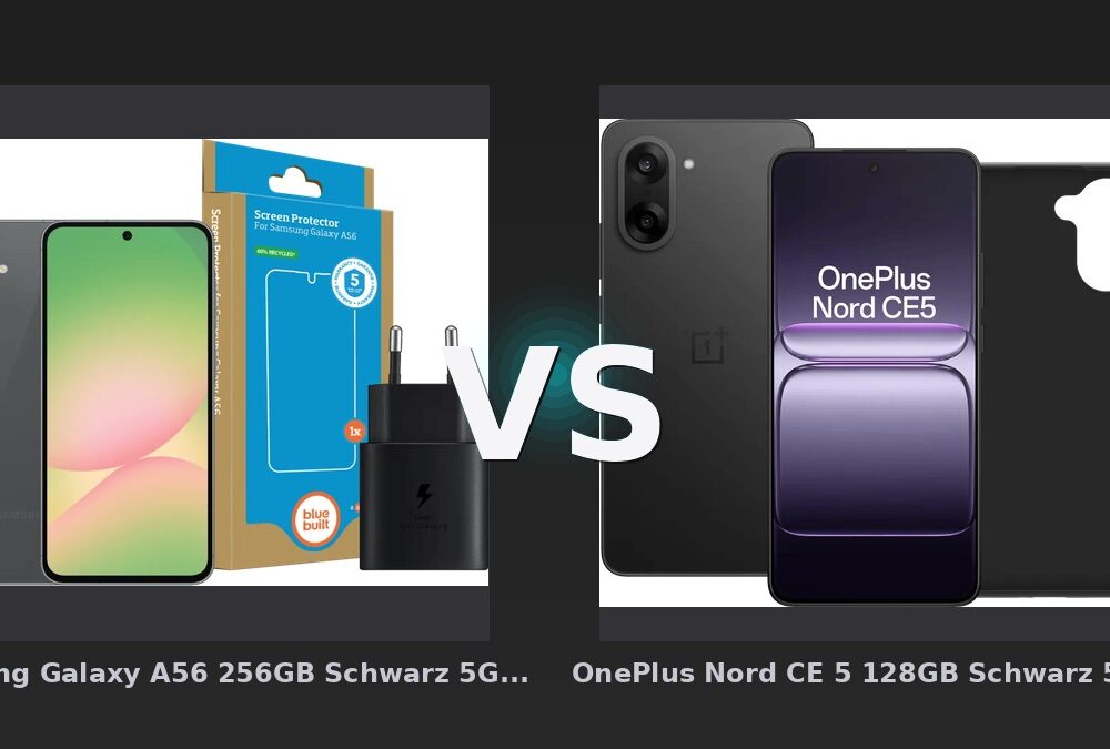 Vergleich: Samsung Galaxy A56 256GB Schwarz 5G + Basis-Zubehörset vs OnePlus Nord CE 5 128GB Schwarz 5G + BlueBuilt Backcover Schwarz - Samsung Galaxy A56 vs. OnePlus Nord CE 5: Mittelklasse-Duell mit klarem Preis-Leistungs-Sieger