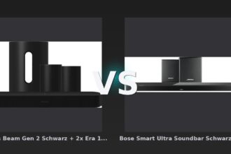 Vergleich: Sonos Beam Gen 2 Schwarz + 2x Era 100 Schwarz + Sub Mini Schwarz vs Bose Smart Ultra Soundbar Schwarz + Bose Surround-Lautsprecher Schwarz - Sonos Beam Gen 2 + Era 100 + Sub Mini vs. Bose Smart Ultra Soundbar + Surround: Das bessere Heimkino