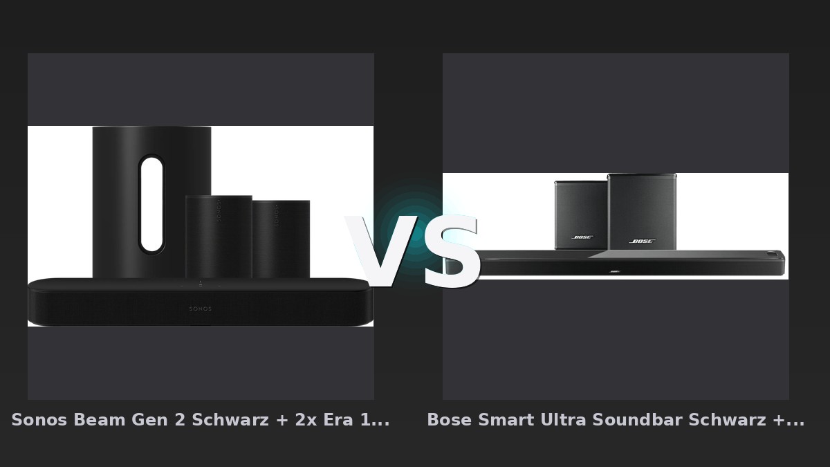 Vergleich: Sonos Beam Gen 2 Schwarz + 2x Era 100 Schwarz + Sub Mini Schwarz vs Bose Smart Ultra Soundbar Schwarz + Bose Surround-Lautsprecher Schwarz - Sonos Beam Gen 2 + Era 100 + Sub Mini vs. Bose Smart Ultra Soundbar + Surround: Das bessere Heimkino