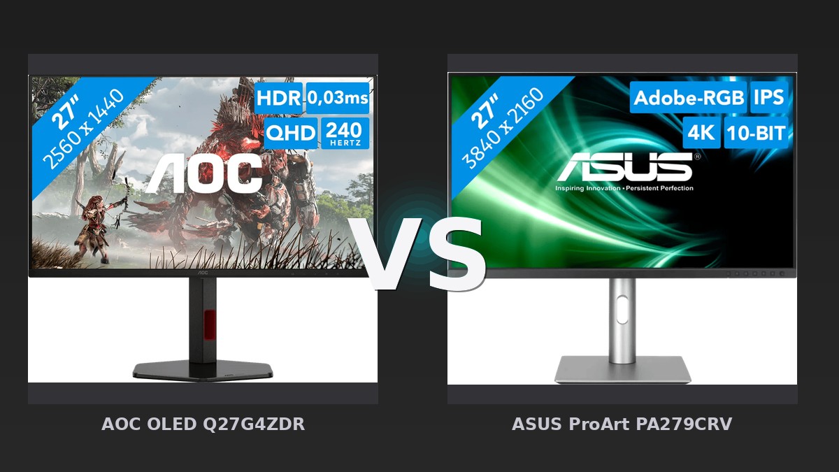 Vergleich: AOC OLED Q27G4ZDR vs ASUS ProArt PA279CRV - AOC Q27G4ZDR vs. ASUS ProArt PA279CRV: Gaming-OLED trifft auf Creator-IPS