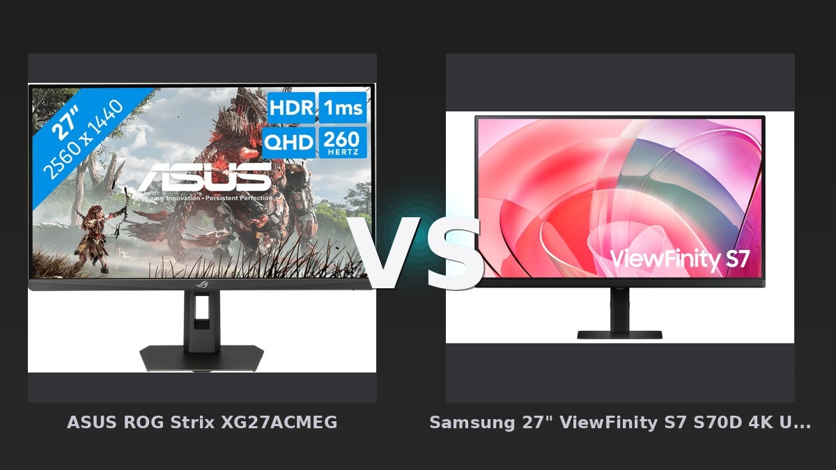 Vergleich: ASUS ROG Strix XG27ACMEG vs Samsung 27" ViewFinity S7 S70D 4K UHD 60Hz High Resolution Monitor, 27 Schwarz - ASUS ROG Strix XG27ACMEG vs. Samsung ViewFinity S7 S70D: Gaming-Flow vs. 4K-Präzision