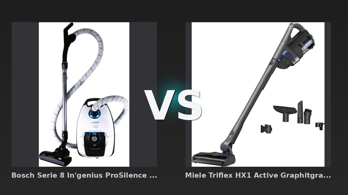 Vergleich: Bosch Serie 8 In'genius ProSilence BGL8SIL5 vs Miele Triflex HX1 Active Graphitgrau - Bosch In'genius ProSilence vs. Miele Triflex HX1: Der leise Arbeiter gegen den flexiblen Leichtbau