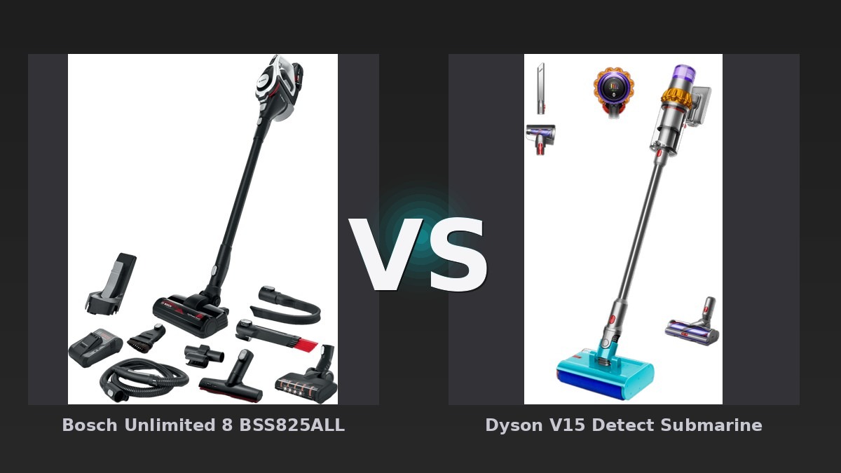 Vergleich: Bosch Unlimited 8 BSS825ALL vs Dyson V15 Detect Submarine - Bosch Unlimited 8 BSS825ALL vs. Dyson V15 Detect Submarine: Der Nass-Trocken-Kampf der Akku-Oberklas
