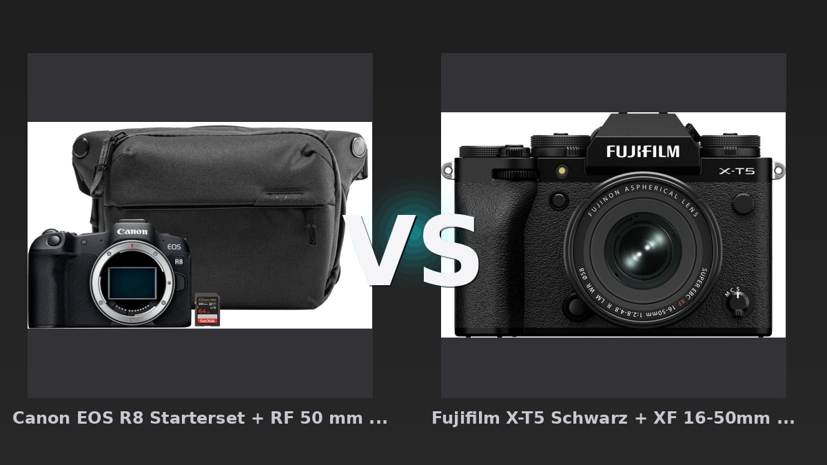 Vergleich: Canon EOS R8 Starterset + RF 50 mm f/1.8 STM vs Fujifilm X-T5 Schwarz + XF 16-50mm f/2.8-4.8 R LM WR - Canon EOS R8 vs. Fujifilm X-T5: Der Kampf der kompakten Vollformat- und APS-C-Flaggschiffe 2026