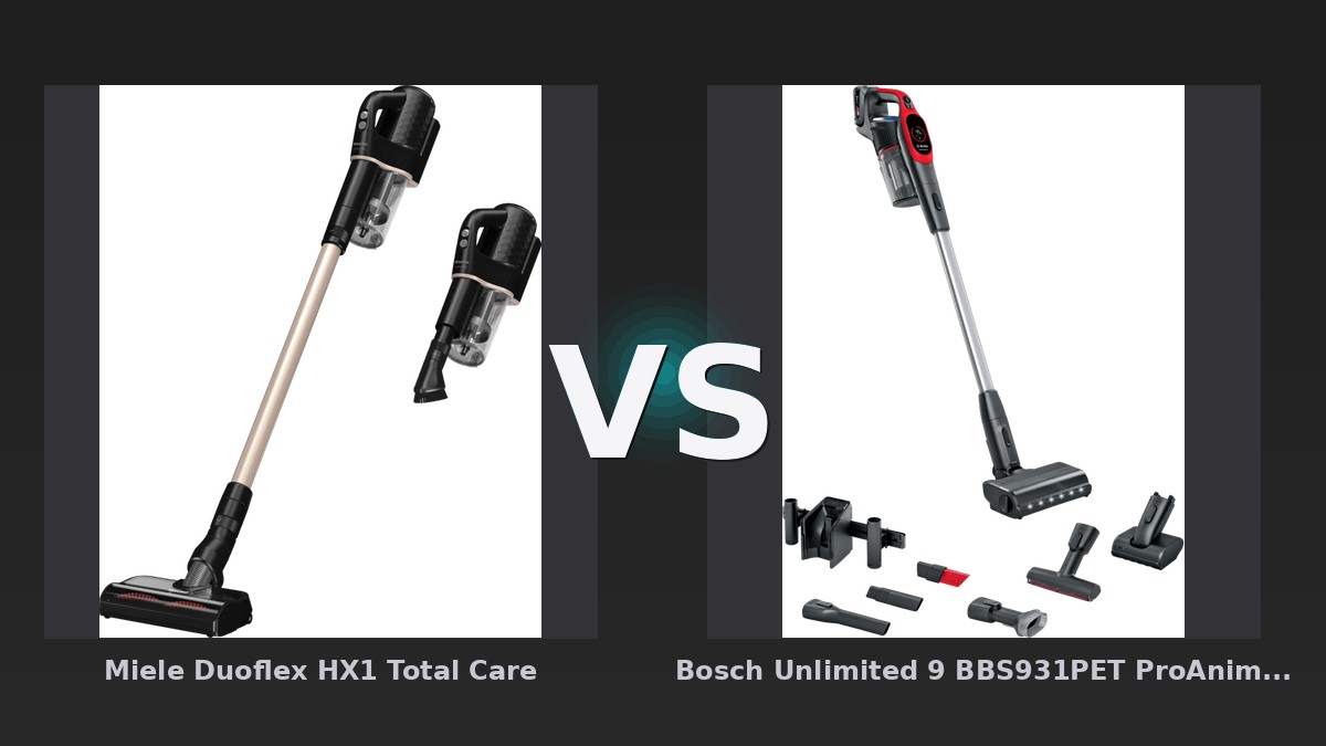 Vergleich: Miele Duoflex HX1 Total Care vs Bosch Unlimited 9 BBS931PET ProAnimal - Miele Duoflex HX1 Total Care vs. Bosch Unlimited 9 BBS931PET ProAnimal: Der Kampf der Akku-Stabstaub