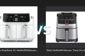 Vergleich: Ninja DualZone XL-Heißluftfritteuse mit 9,5 l Fassungsvermögen und 2 Schubladen in Weiß | DZ901EUWH vs Tefal Heißluftfritteuse "Easy Fry Smart & Silence EY572D", silber/schwarz - Ninja DZ901EUWH vs. Tefal EY572D: Der große Dual-Zone-Vergleich