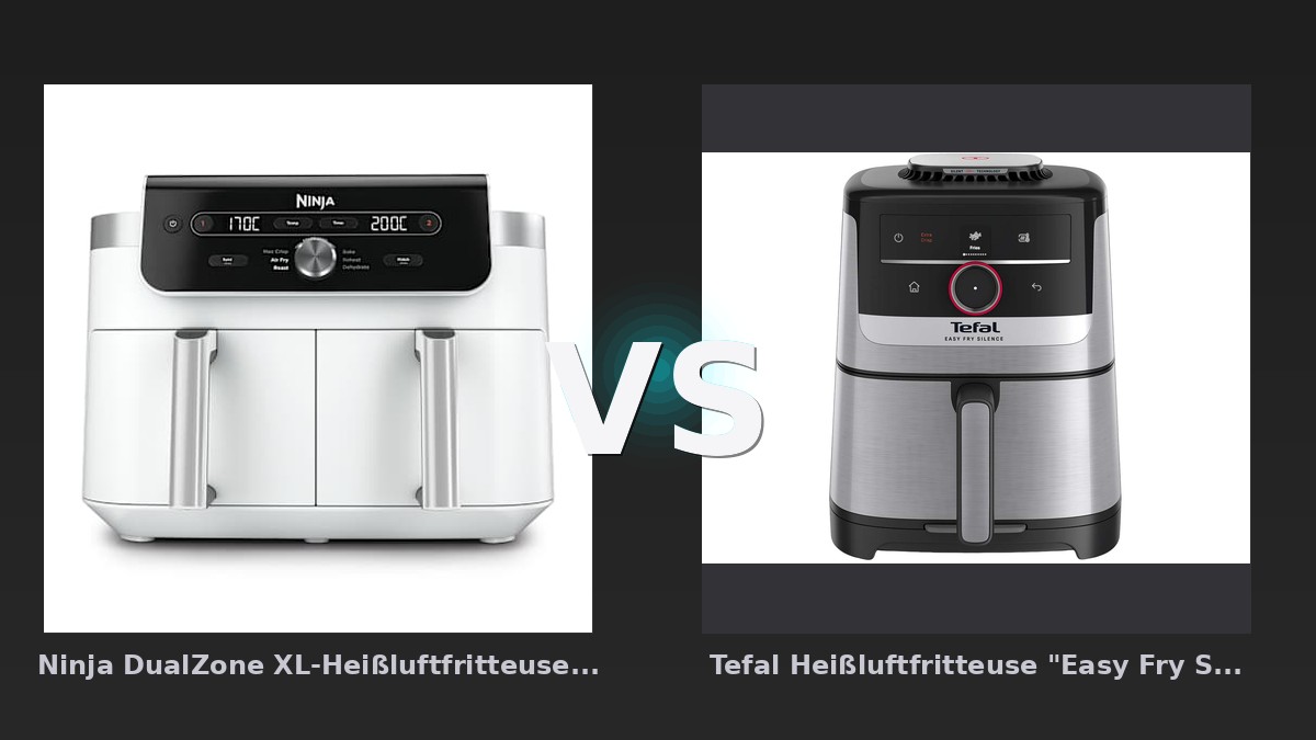 Vergleich: Ninja DualZone XL-Heißluftfritteuse mit 9,5 l Fassungsvermögen und 2 Schubladen in Weiß | DZ901EUWH vs Tefal Heißluftfritteuse "Easy Fry Smart & Silence EY572D", silber/schwarz - Ninja DZ901EUWH vs. Tefal EY572D: Der große Dual-Zone-Vergleich