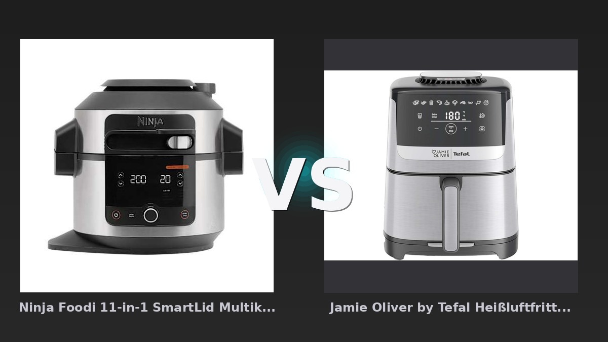 Vergleich: Ninja Foodi 11-in-1 SmartLid Multikocher | OL550EU | von SharkNinja vs Jamie Oliver by Tefal Heißluftfritteuse "Silence Deluxe EY55JD", schwarz/silber - Ninja Foodi 11-in-1 SmartLid vs. Tefal Silence Deluxe: Der Multikocher schlägt die Fritteuse