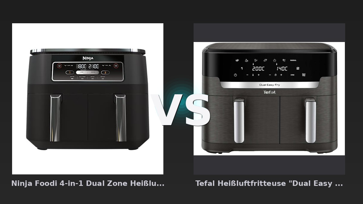 Vergleich: Ninja Foodi 4-in-1 Dual Zone Heißluftfritteuse 7,6 L | AF200EU | von SharkNinja vs Tefal Heißluftfritteuse "Dual Easy Fry XXL EY942H" 11 l, anthrazit - Ninja AF200EU vs. Tefal EY942H: Der Kampf der Dual-Zonen-Fritteusen