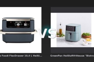 Vergleich: Ninja Foodi FlexDrawer 10,4 L Heißluftfritteuse in Dunkelblau | AF500EUCYD | von SharkNinja vs GreenPan Heißluftfritteuse "Bistro" 1 Korb 7,2 l, blau - Ninja Foodi FlexDrawer vs. GreenPan Bistro: Der Flexibilitäts-Check