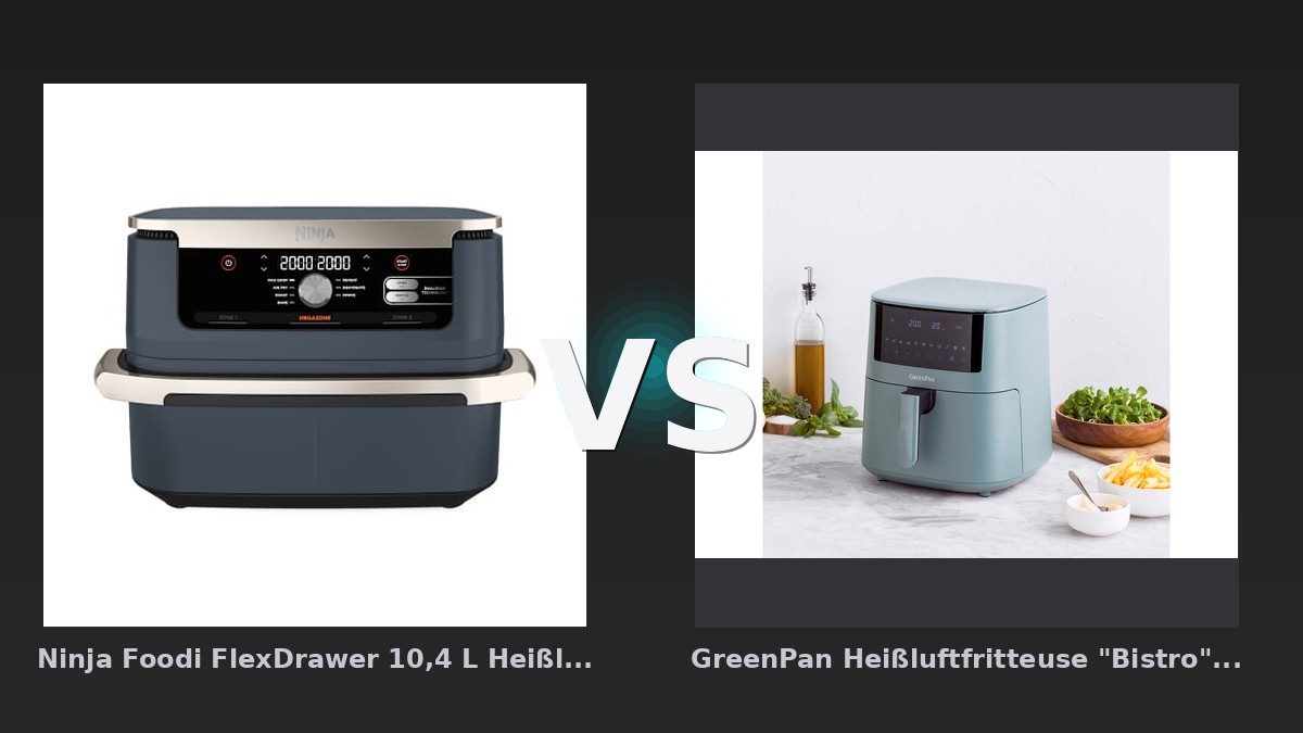 Vergleich: Ninja Foodi FlexDrawer 10,4 L Heißluftfritteuse in Dunkelblau | AF500EUCYD | von SharkNinja vs GreenPan Heißluftfritteuse "Bistro" 1 Korb 7,2 l, blau - Ninja Foodi FlexDrawer vs. GreenPan Bistro: Der Flexibilitäts-Check