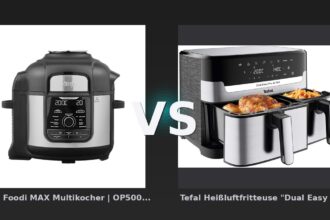 Vergleich: Ninja Foodi MAX Multikocher | OP500EU | von SharkNinja vs Tefal Heißluftfritteuse "Dual Easy Fry & Grill EY905D", silber/schwarz - Ninja Foodi MAX OP500EU vs. Tefal Dual Easy Fry & Grill EY905D: Multikocher-König oder Dual-Zone