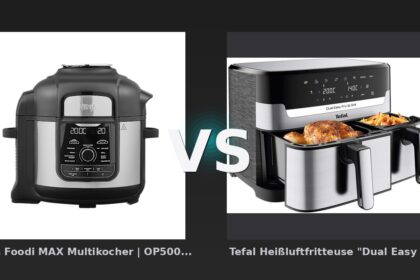 Vergleich: Ninja Foodi MAX Multikocher | OP500EU | von SharkNinja vs Tefal Heißluftfritteuse "Dual Easy Fry & Grill EY905D", silber/schwarz - Ninja Foodi MAX OP500EU vs. Tefal Dual Easy Fry & Grill EY905D: Multikocher-König oder Dual-Zone