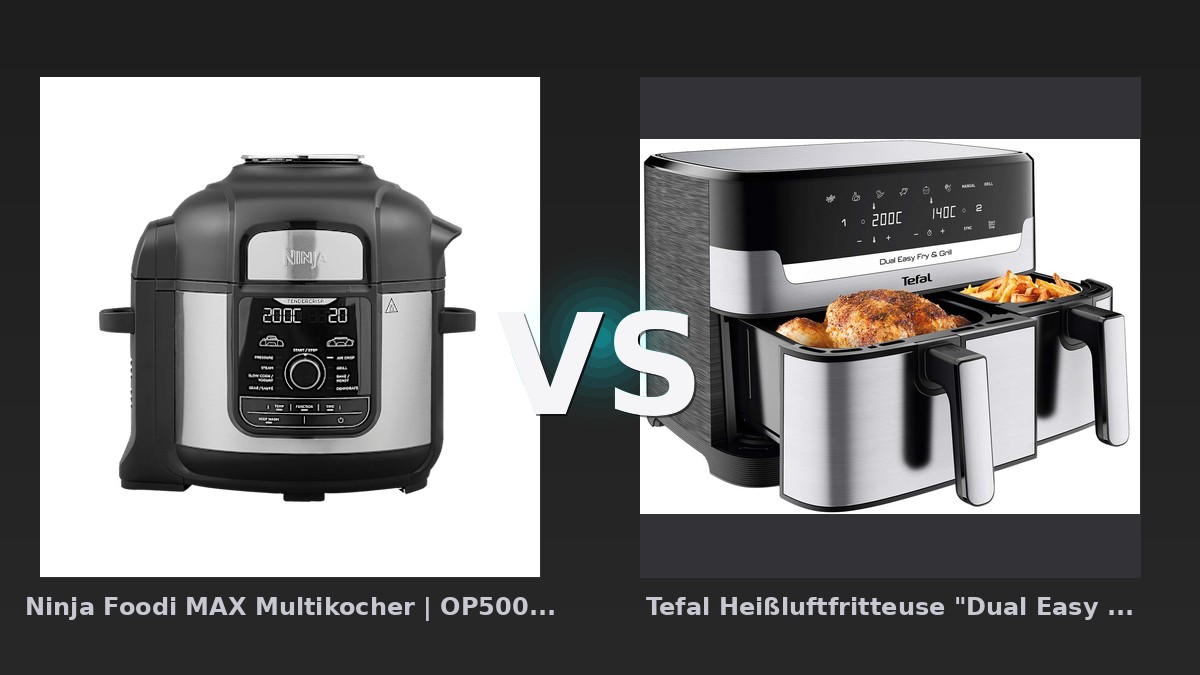 Vergleich: Ninja Foodi MAX Multikocher | OP500EU | von SharkNinja vs Tefal Heißluftfritteuse "Dual Easy Fry & Grill EY905D", silber/schwarz - Ninja Foodi MAX OP500EU vs. Tefal Dual Easy Fry & Grill EY905D: Multikocher-König oder Dual-Zone