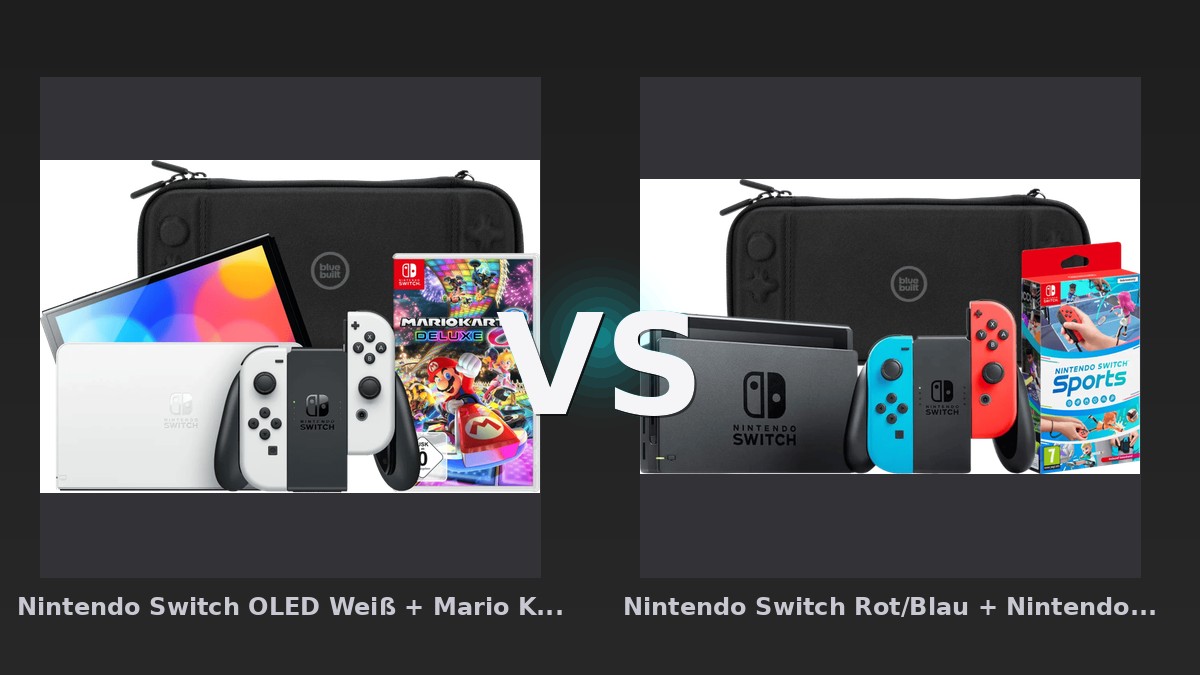 Vergleich: Nintendo Switch OLED Weiß + Mario Kart 8 Deluxe + Bluebuilt Travel Case vs Nintendo Switch Rot/Blau + Nintendo Switch Sports + Bluebuilt Travel Case - Nintendo Switch OLED vs. Standard: Lohnt der Aufpreis für das Mario Kart 8 Deluxe Bundle?