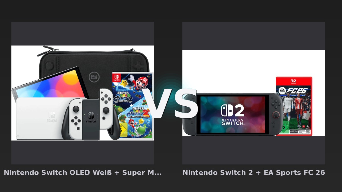 Vergleich: Nintendo Switch OLED Weiß + Super Mario Galaxy 1+2 + BlueBuilt Schutzhülle vs Nintendo Switch 2 + EA Sports FC 26 - Nintendo Switch OLED vs. Switch 2: Der Generationensprung lohnt sich – aber nur mit dem richtigen Bu