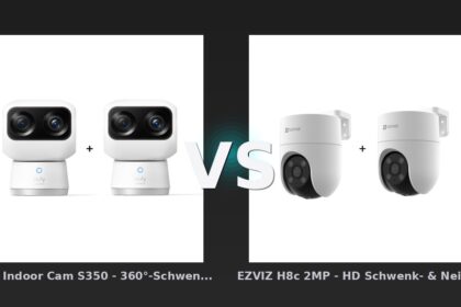 Vergleich: "eufy Indoor Cam S350 - 360°-Schwenk-& Neige-Kamera - 2er-Set" vs EZVIZ H8c 2MP - HD Schwenk- & Neige-Kamera - 2er-Set - eufy Indoor Cam S350 vs. EZVIZ H8c: Der 4K-Vorteil hat seinen Preis